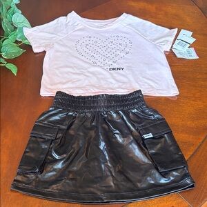 DKNY Light Pink Studded Heart Crop Tee with Black Faux Leather Cargo Skirt
